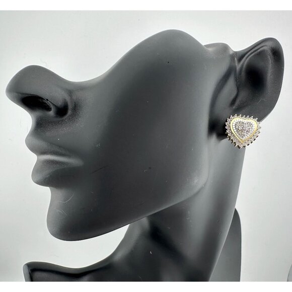 Two Tone Diamond Heart Stud Earrings in Sterling with 14 kt Gold Overlay - Picture 2 of 15
